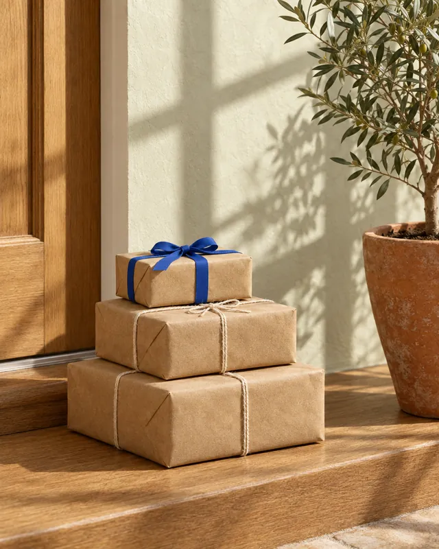 Three kraft-paper parcels tied with twine, the top one with a blue ribbon, on a sunlit oak doorstep beside a potted olive tree.