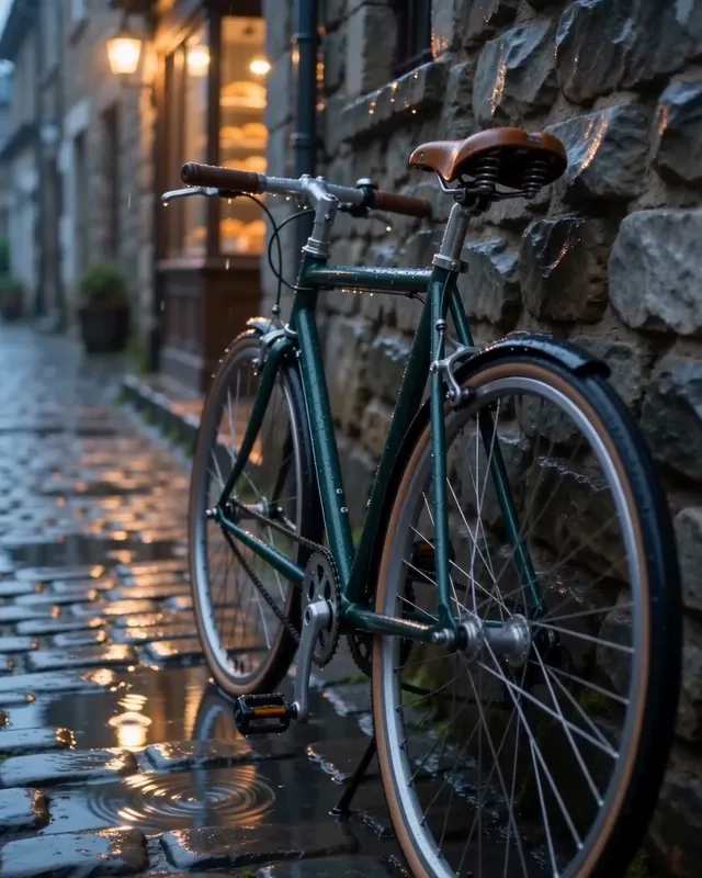 The green touring bicycle parked on a wet cobbled lane at dusk, warm window light reflected in the puddles.