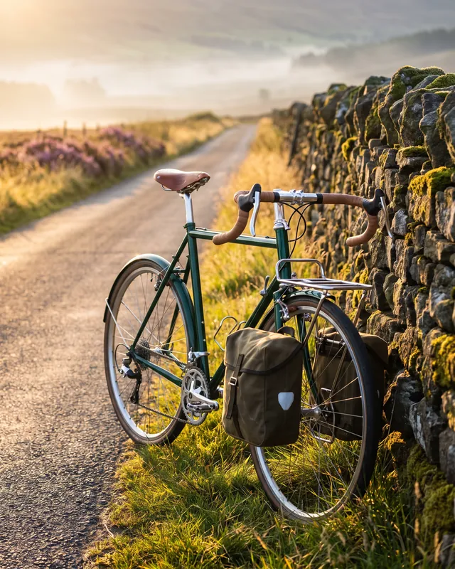 A forest-green touring bicycle with a leather saddle and canvas panniers leans on a dry-stone wall beside a misty moorland lane at golden hour.